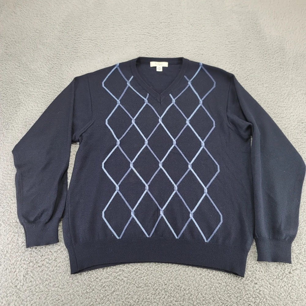 Turnbury Sweater‎ Mens 44 Blue Diamond Long Sleeve V-Neck Wool Stretch Italy